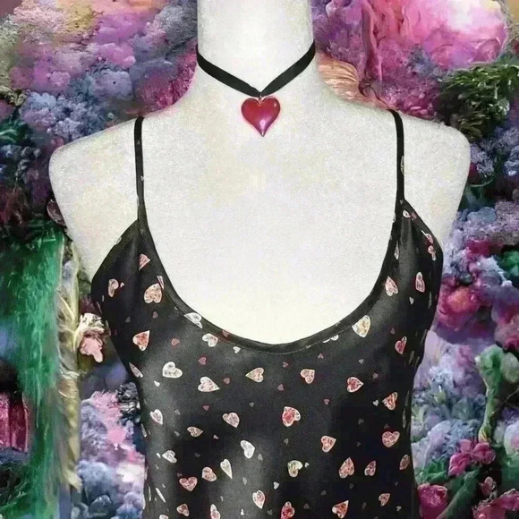 Y2k 90s Heart Print Black Low Back Slip Dress - Picture 2 of 9